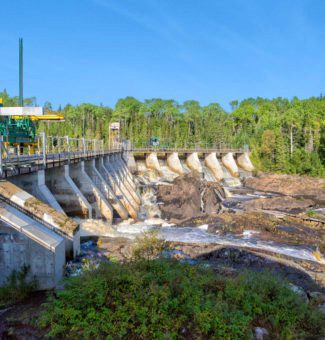 Low water conditions at the tailrace of Lower Sturgeon hydroelectric generating station.