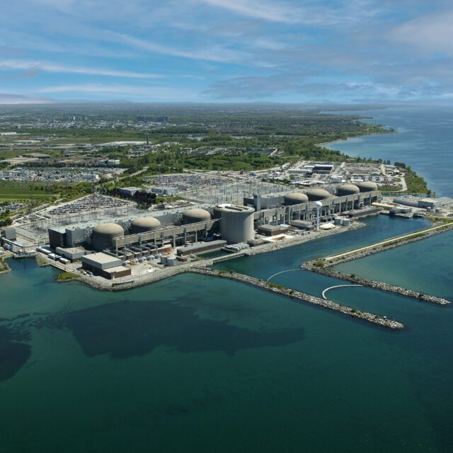 An aerial view of Pickering Nuclear Generating Station from Lake Ontario.