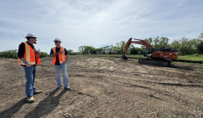 Voyageur Services' John Munnings and Scott Pittaro survey the Darlington New Nuclear Project site.